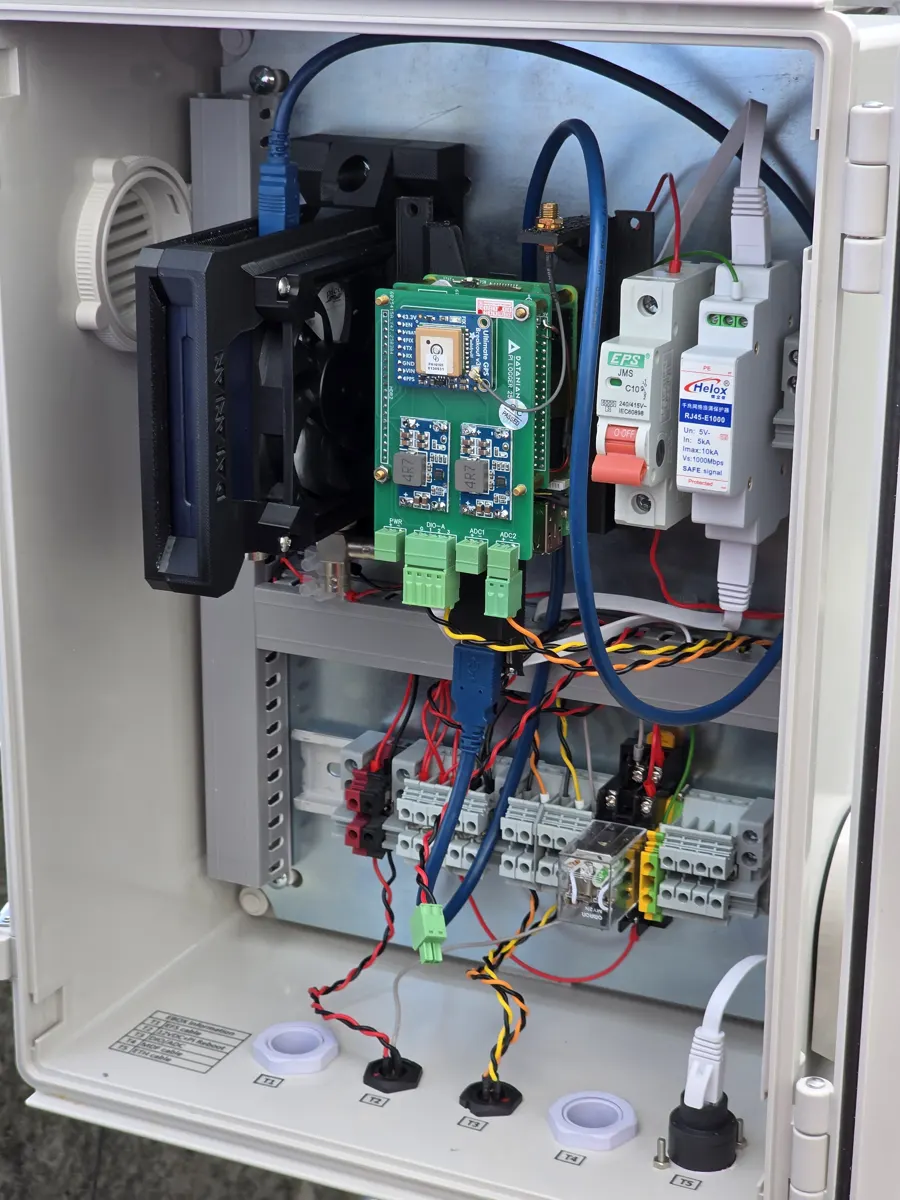 Inside a sensor enclosure: Raspberry Pi, digitizer, breakers and wiring